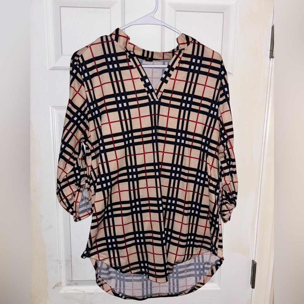 Plaid V-Neck Blouse - Black, Red, Tan